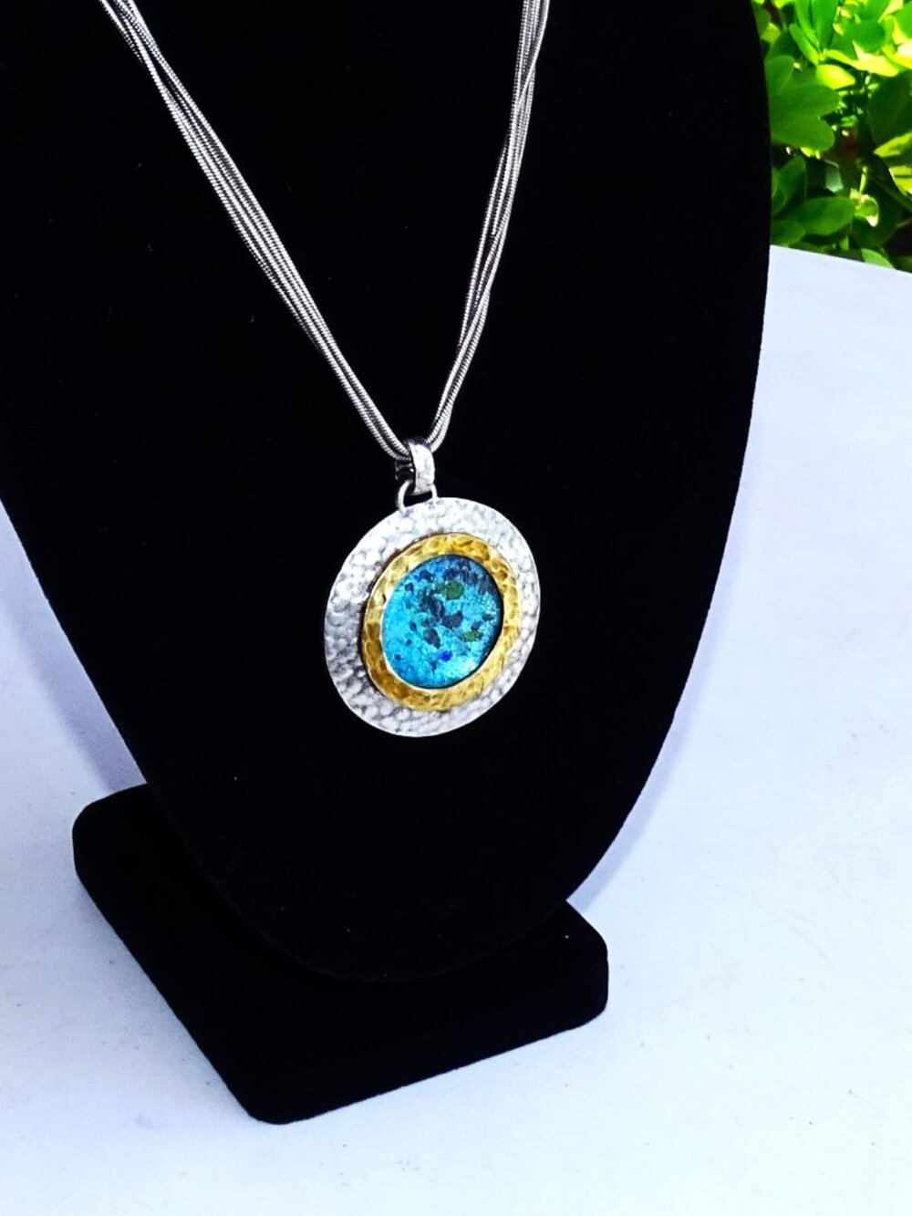 Chico's Vintage Silver and Bronze Necklace with a Turquoise Glass Center 19"